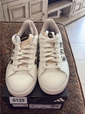 adidas White Low-Top Sneakers with Black and Brown Accents